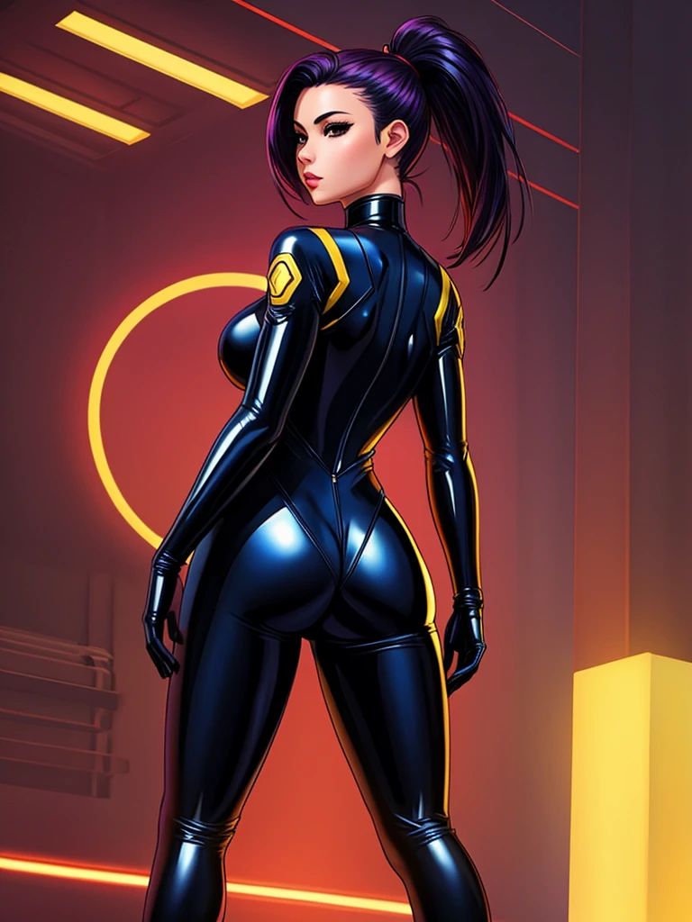 masterpiece, cyber ninja, back turned, looking over shoulder, sexy woman, bodysuit, full body shot