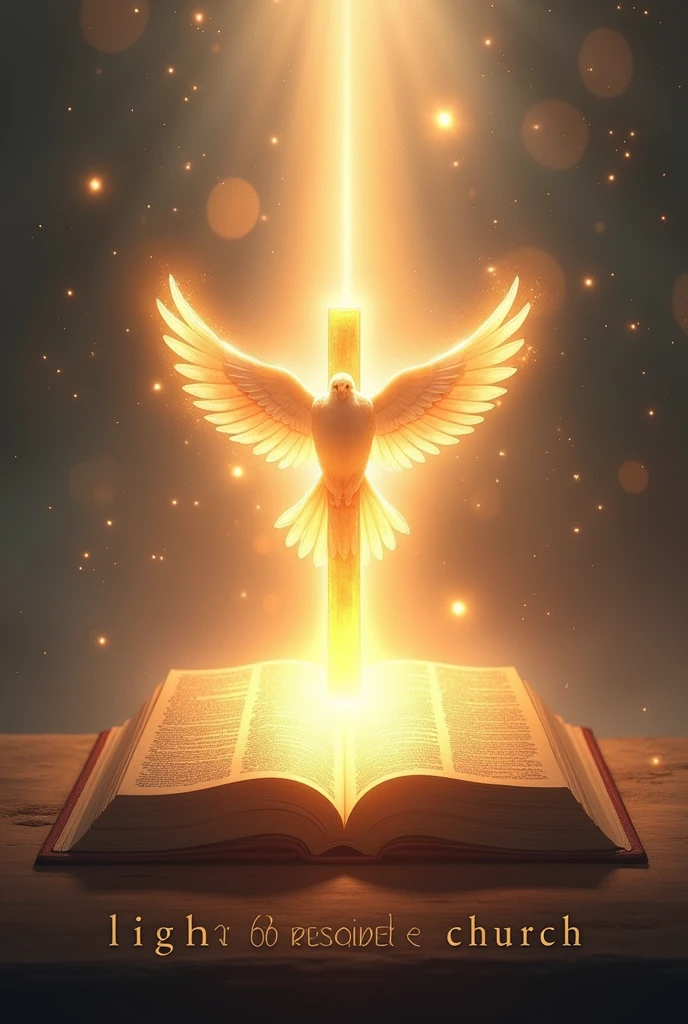 Bright Light shone from Bible with the cross in the middle and holy spirit on top of the cross like a dove, and write "Light Walker's church" at the bottom, heavenly background 