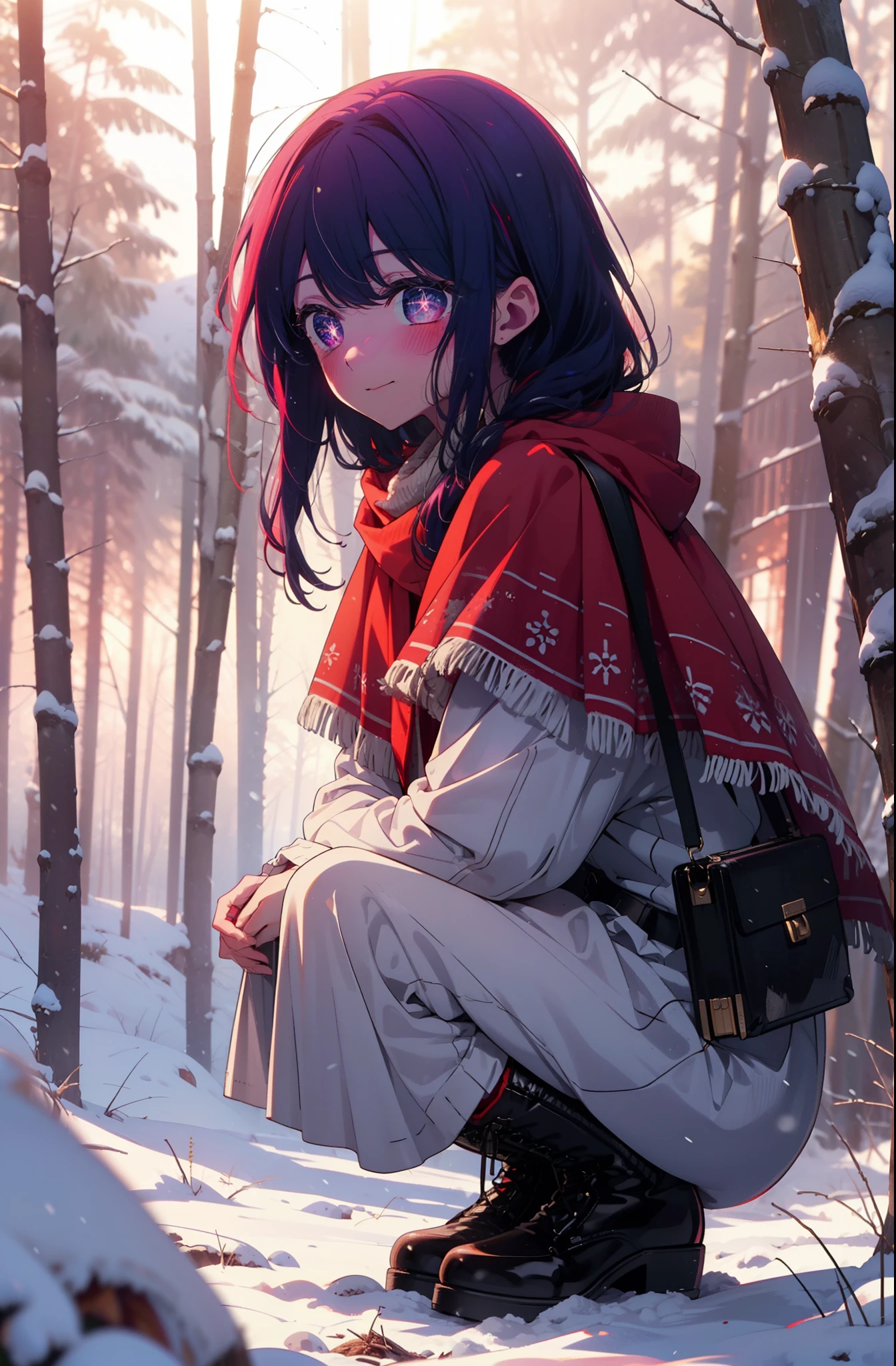 aihoshino, Ai Hoshino, Long Hair, bangs, (Purple eyes:1.1), Purple Hair, (Symbol-shaped pupil:1.5), smile,,smile,blush,white breath,
Open your mouth,snow,Ground bonfire, Outdoor, boots, snowing, From the side, wood, suitcase, Cape, Blurred, , forest, White handbag, nature, Squat, Mouth closed, Cape, winter, Written boundary depth, Black shoes, red Cape break looking at viewer, Upper Body, whole body, break Outdoor, forest, nature, break (masterpiece:1.2), Highest quality, High resolution, unity 8k wallpaper, (shape:0.8), (Beautiful and beautiful eyes:1.6), Highly detailed face, Perfect lighting, Extremely detailed CG, (Perfect hands, Perfect Anatomy),