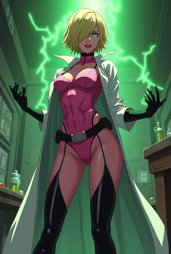 Anime style, Sultry and Beautiful young woman with a soul of pure evil and hatred. Short blonde hair that covers her left eye and blue eyed supervillain dressed in a sleek skintight pink bodysuit, long black gloves and black calf high boots. A long white lab coat over her bodysuit competes the look.  She is posing and emanating green energy. She has a smile crossing her thin red lips. The setting is a dirty laboratory with a captured costumed hero securedto a table. 
