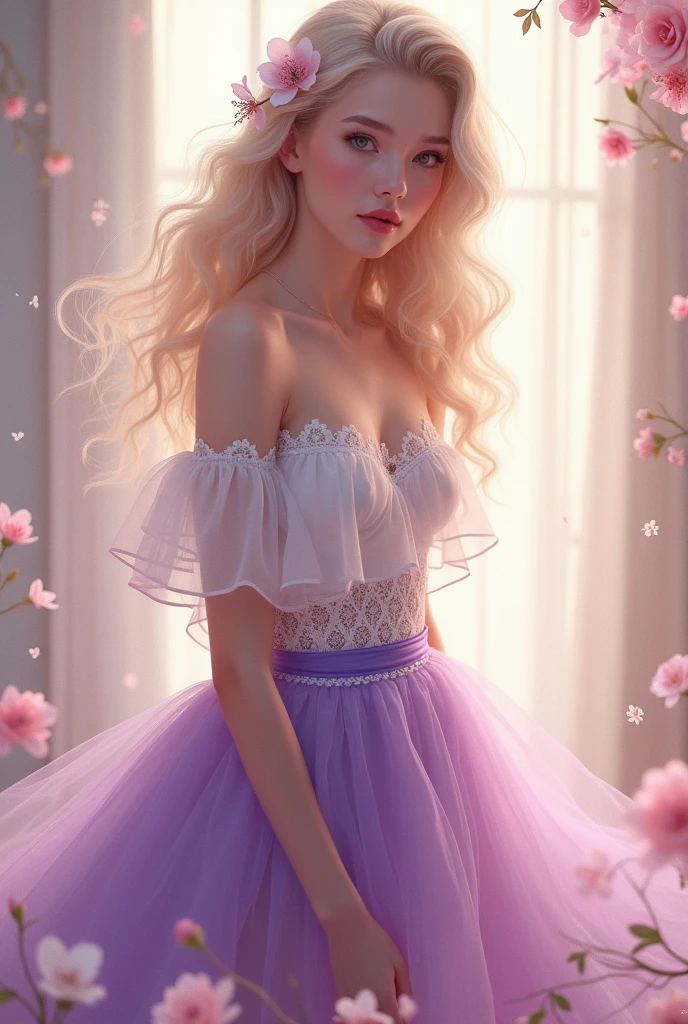 Beautiful Girl,sweet,whole body,High heel,Off-shoulder,Purple skirt,Lace,Flowers
