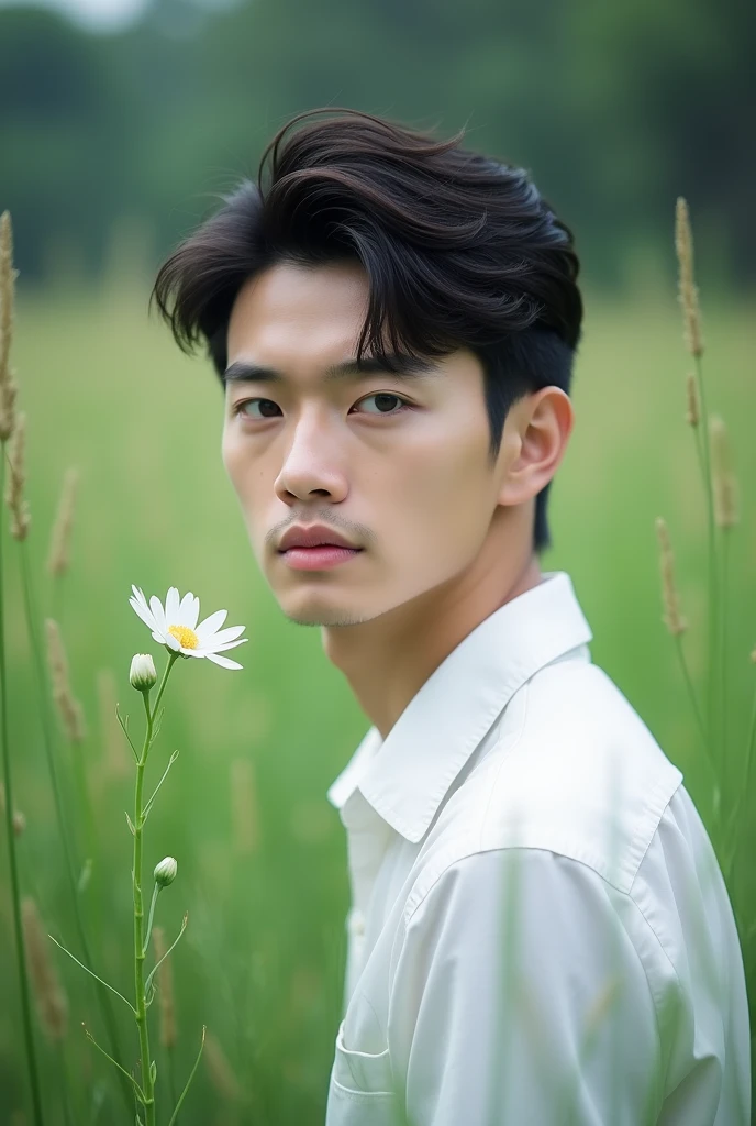 1boy, male focus, 独奏, shirt, flower, outdoors, black hair, looking at viewer, white shirt, upper body, day, collared shirt, realistic, blurry background, short sleeves, black eyes, short hair, white flower, flower field, grass, lips, nature，18years，Reality，Portrait photography
