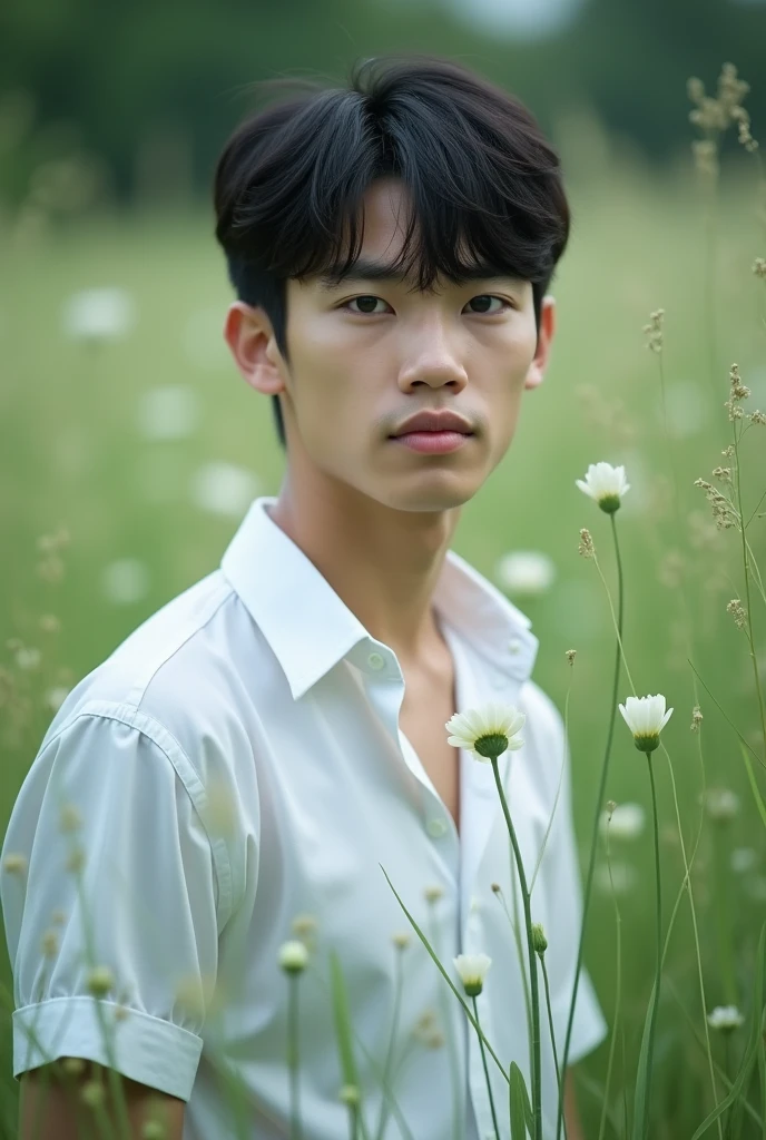 1boy, male focus, 独奏, shirt, flower, outdoors, black hair, looking at viewer, white shirt, upper body, day, collared shirt, realistic, blurry background, short sleeves, black eyes, short hair, white flower, flower field, grass, lips, nature，18years，Reality，Portrait photography