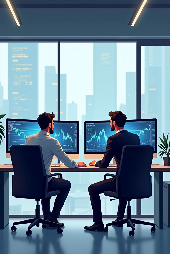 Creat me logo with two crypto traders in office 