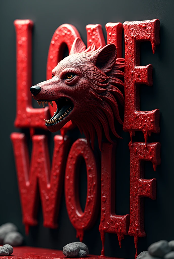 3D capital typografi font written "LoneWolf" bold,artistic,red blooded dripping color with a howling wolf head in the middle