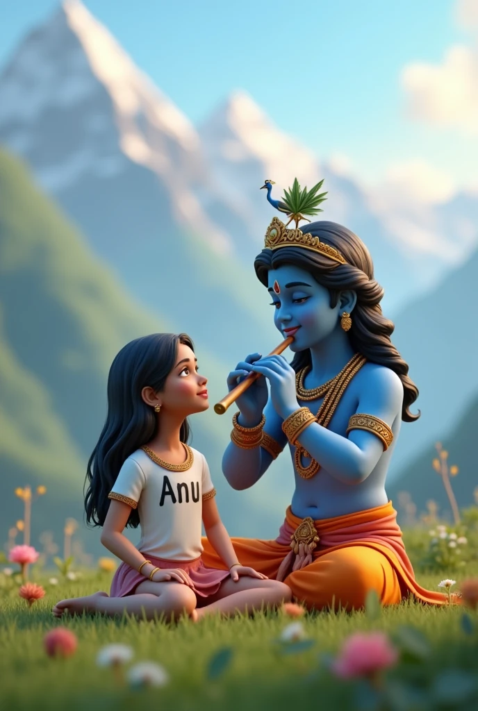 3D image of 20 year old Indian Girl who is sitting next to krishna ji and Krishna ji playing the flute, they both sit together on the mountain, Girl wearing T-shirt Name “ANU” written on it, make sure text shout be misspelled, heaven like beautiful view background, peacock dancing,realistic image and Girl is in barefoot.