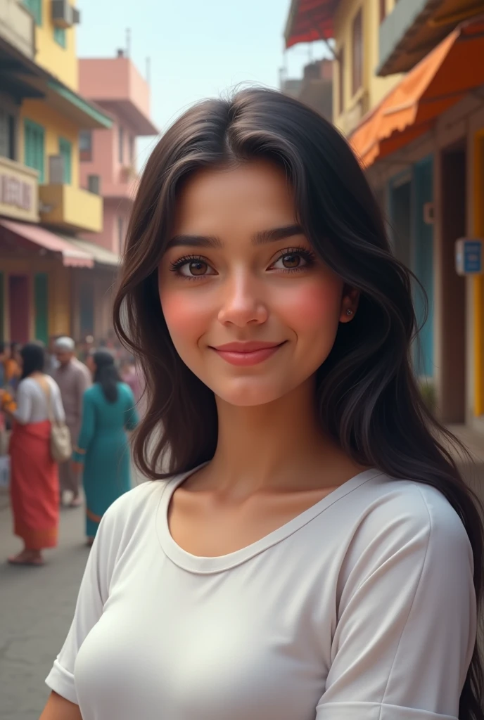 Real Kashmiri Indian aunty age 34 in white t shirt with cubby chicks dimple chin smoothy hair on Indian street