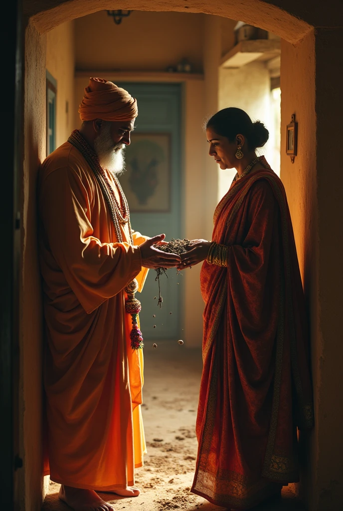 An Indian priest going into a house and asking a woman for soil