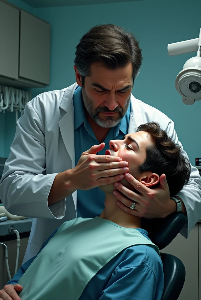 Homme dentiste qui couvre la bouche de son patient avec sa main 