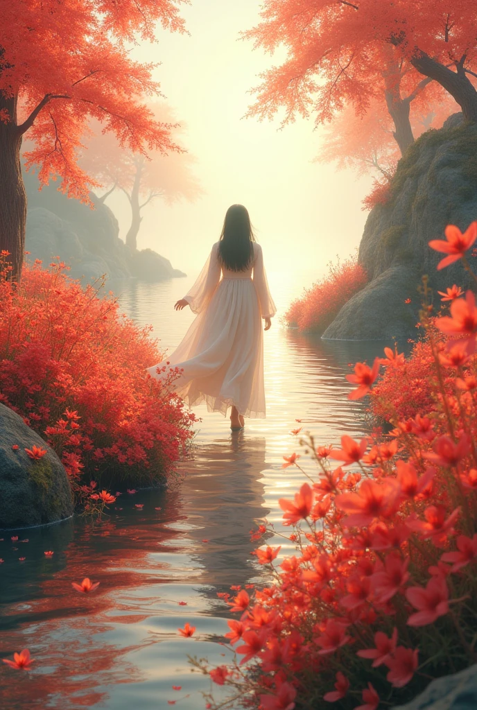 imagine a graceful journey, back to home of life, surreal, fantasy, peaceful morning, sea of equinox "higanbana" in front, peaceful life of hope, bright mood, hopefully, photorealisic