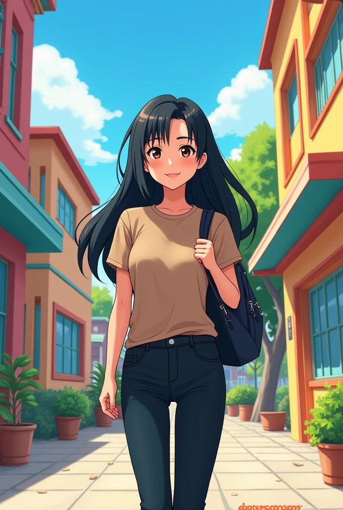 create an anime college girl that wears light brown tshirt and black pants with black school bag she has  black hair also. Adopt the design in nickelodeon. 