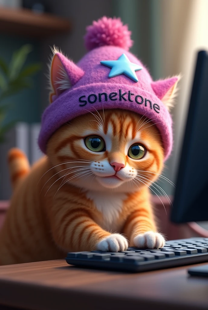 Ginger cat, with a purple-pink hat with a star with the inscription someone, playing computer