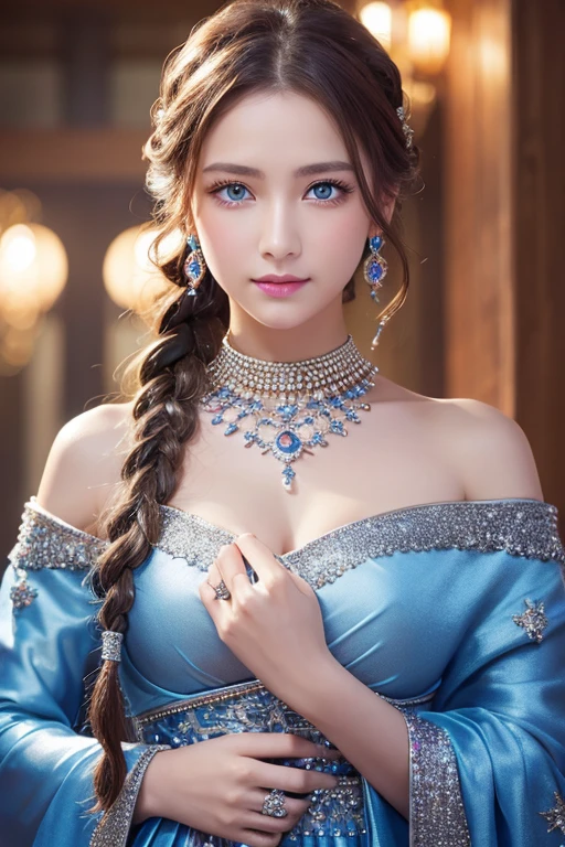 Ultra HD、High resolution、clear、Female Warrior、Glittering ornaments、Colorful and gorgeous jewelry、Beautiful Blue Eyes、Silver Dress、jeweled dress、Beautiful braided hair、