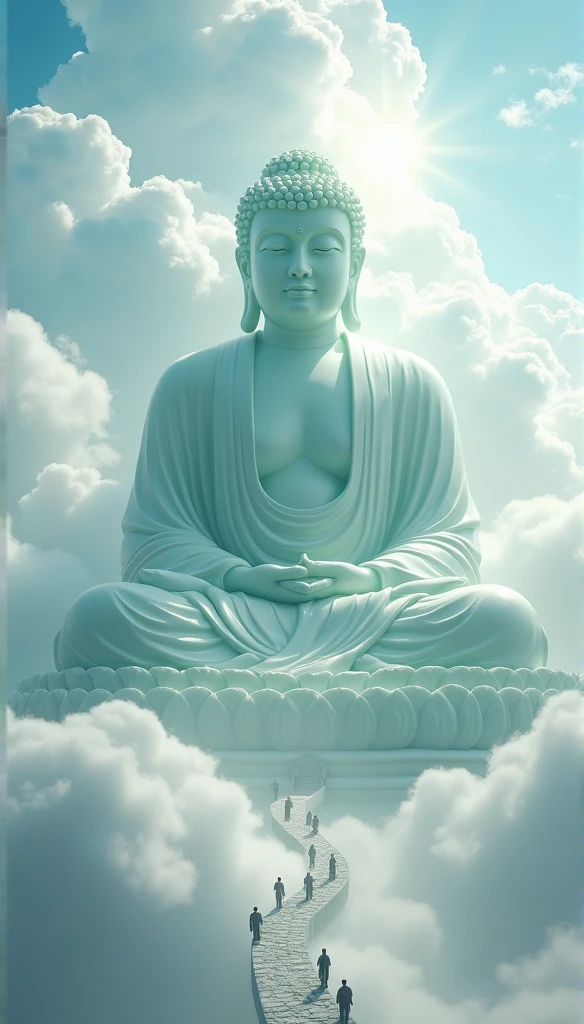((Tabletop)),(最high quality)),Chinese style,In the sky, The clouds form a giant transparent and shining white jade Maitreya Buddha statue,Thick Clouds,The sun shines,Pilgrims' Path,Ultra-realistic,Ultra-photorealism,real photography,8k,High resolution,high quality,Masterpieces,Ultra-fine,(((OC Renderer)))
