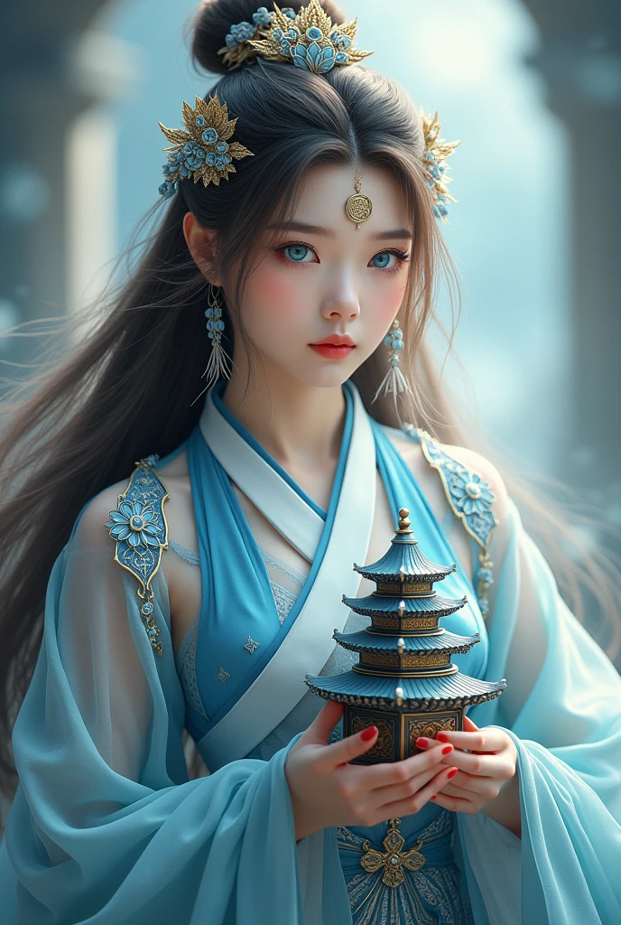 Most beautiful xianxia female protagonist,light brown dominant and silver strand long hair ,cyan eyes,use majestic garmen with blue fillamen,silver pattern clothes,face detailed,lips detailed,thin red lips,golden rune scratch at fore head, and held 9 floor pagoda ,forehead detailed,better quality, masterpiece,24K ultra hd,super beautiful detail,goddess featuring