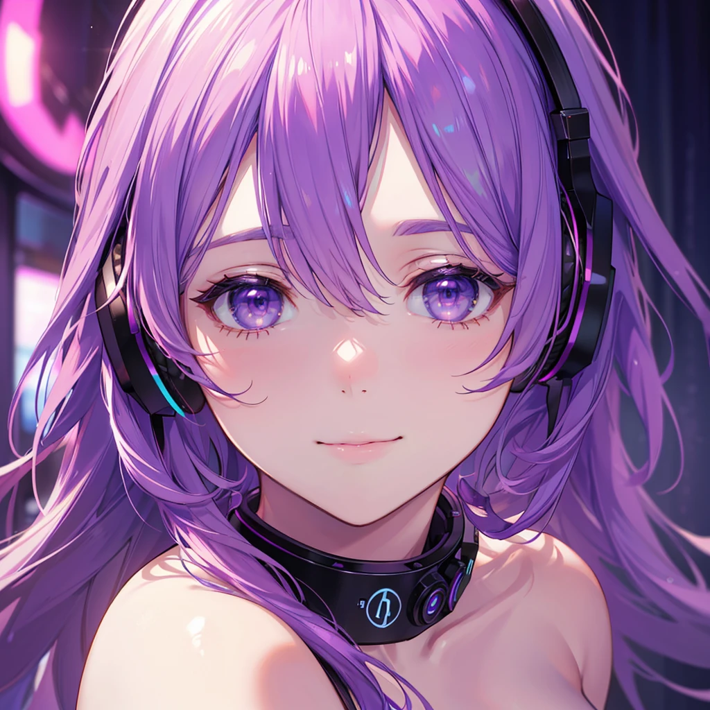 a beautiful smiling girl streamer with headphones, delicate and elegant facial features, purple shiny hair, (best quality,8k,highres,masterpiece:1.2),ultra-detailed,(realistic,photorealistic,photo-realistic:1.37),neon lighting,vibrant colors,detailed texture, playing games