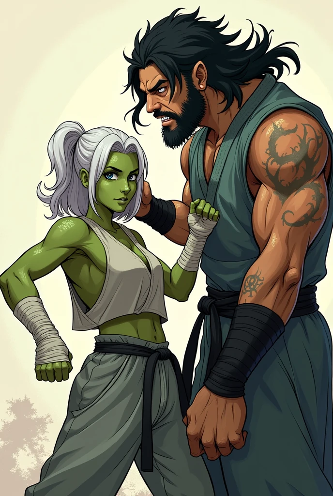 A young half-orc woman in a fighting stance, de pele verde, thin and short, medium white hair, with clothing similar to that of a martial artist, with some bandages on his hands, and beside him mm a big, muscular, skinned half-orc with his hand on his shoulder, with black curly hair with his eyes covered by his hair, that only leaves the mouth and teeth showing, with martial artist clothes and scars all over his body. Both done in anime style