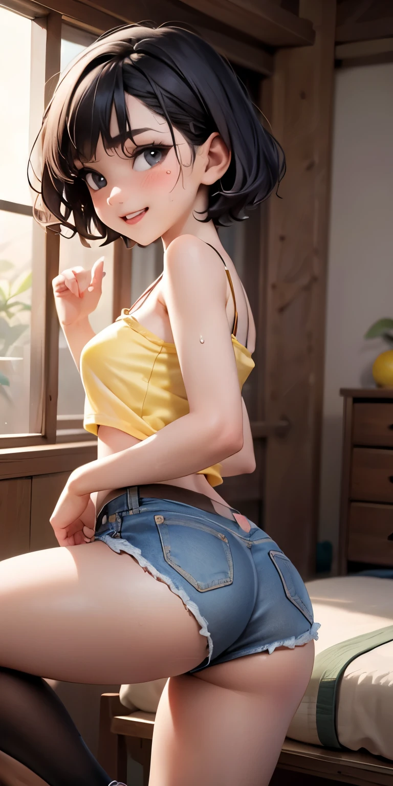 Thigh Emphasis、smile、Posing with one leg raised、Mouth wide open and orgasmic face、See-through、Tatami Japanese room、White shorts(Backwards posture with emphasis on buttocks, riding position)Realistic Face、Sweaty、(8-****-***)、(((black Very Very Short Hair、)))Tomboy.Emphasis on breast valley((Wearing: Lemon yellow T-shirt.Wearing denim shorts))、((Wearing a red camisole))、Sexy posing、Moisturizing pink lips