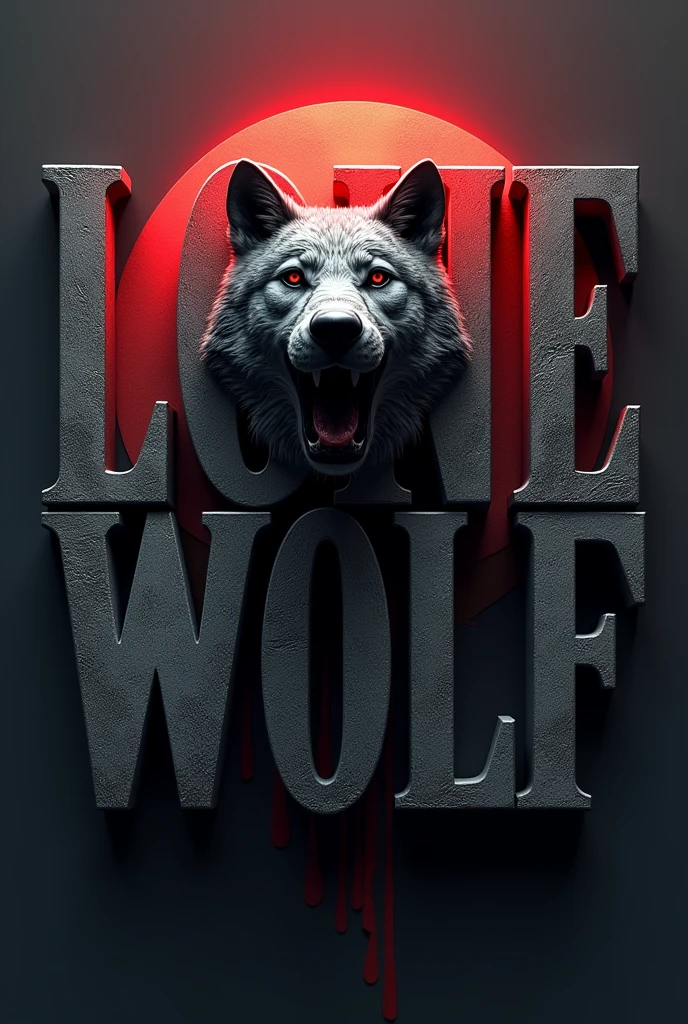 3D capital typografi font written "LoneWolf" bold,artistic,red black color with a howling wolf head in the middle