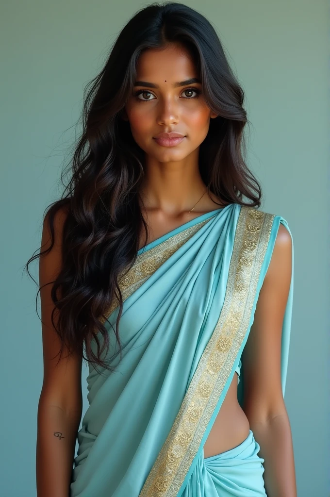 Indian girl , in light blue saree , perfect fit figure , bright skin , long heavy hair ,big chicks with dimple , standing position, look at viewer, hindu girl