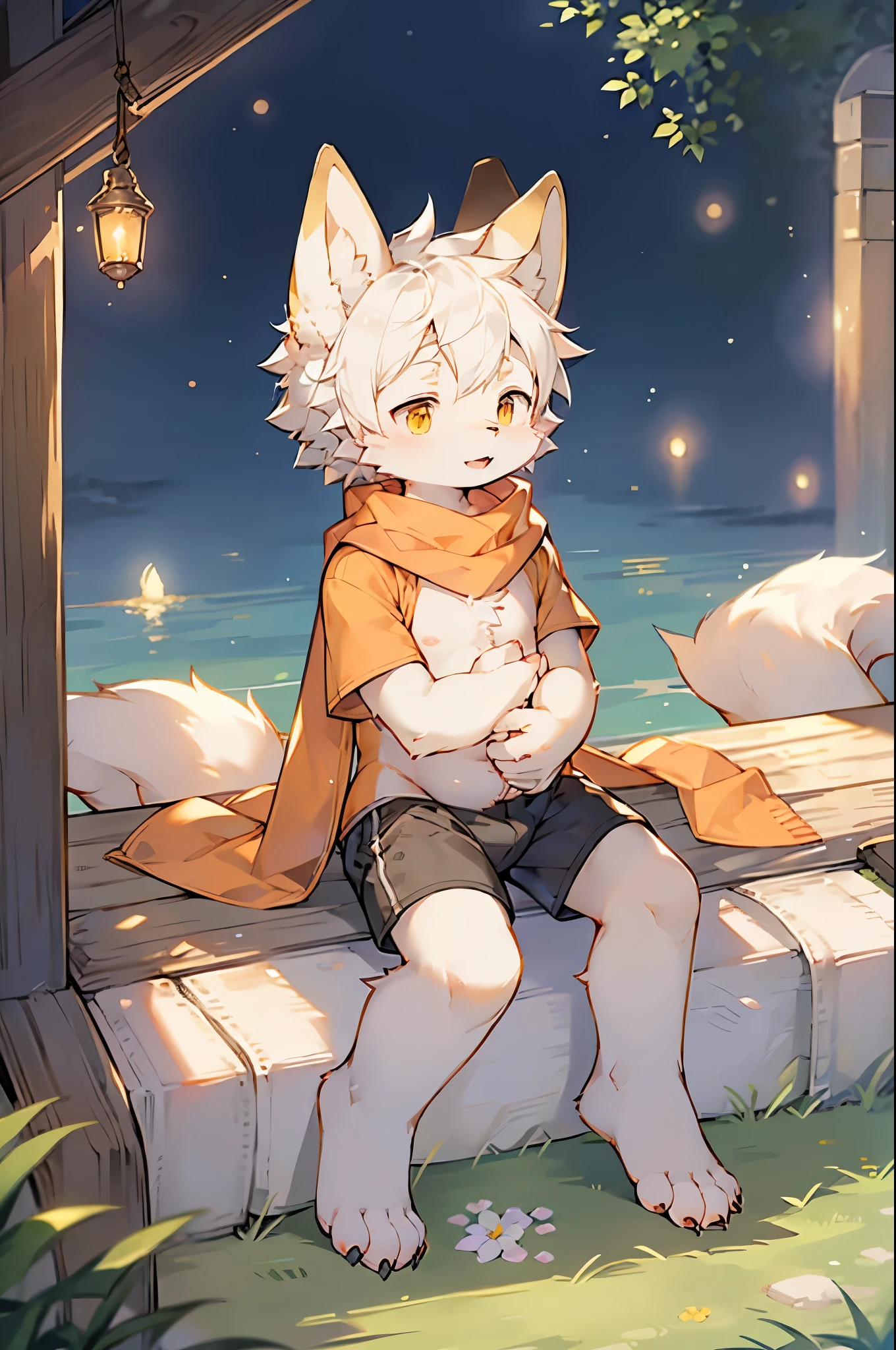 Fox Boy，Furry boys，Infant and child characteristics，White hair，Yellow skin，White Arm，scarf，Short sleeve，shorts，Outdoor bright background