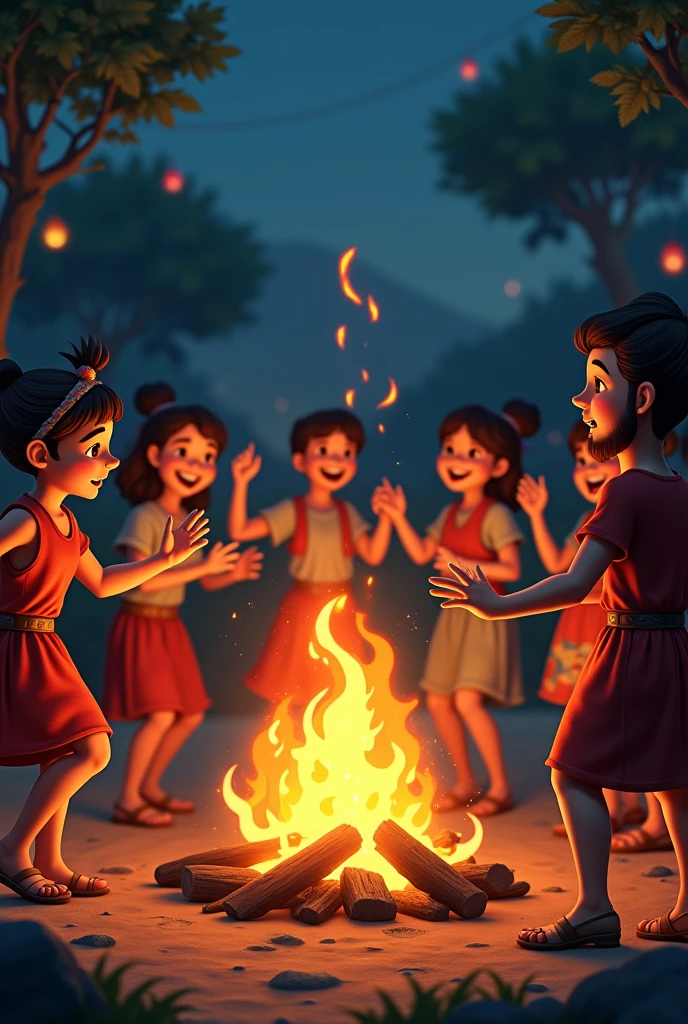 A crackling campfire surrounded by dancing villagers