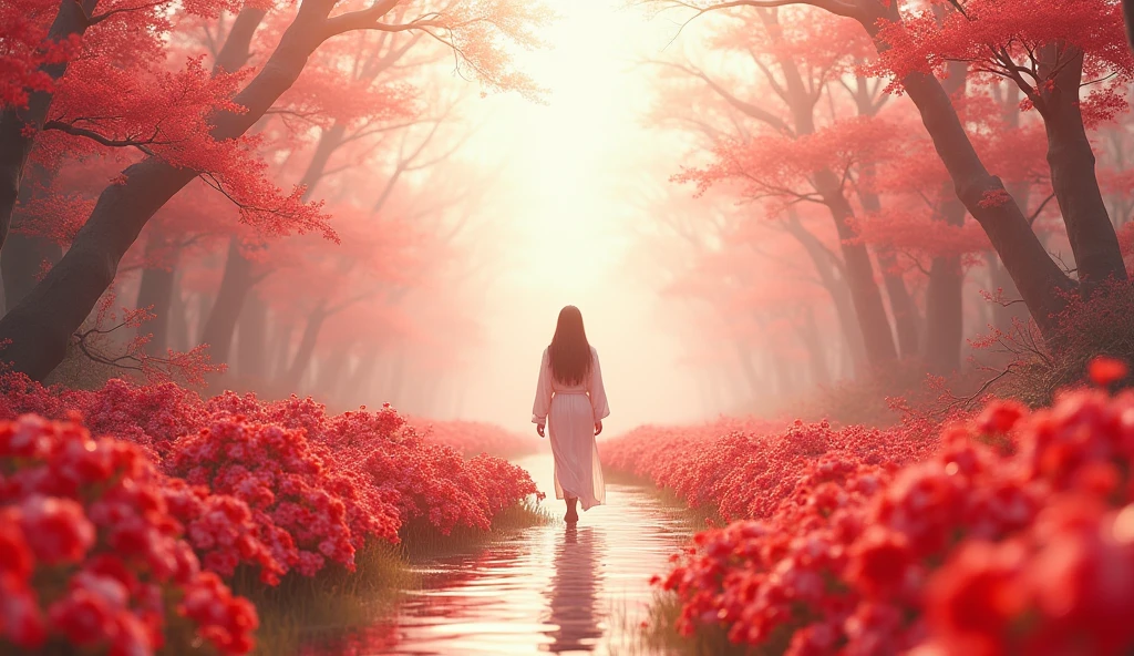 imagine a graceful journey, back to home of life, surreal, fantasy, peaceful morning, sea of equinox "higanbana" in front, peaceful life of hope, bright mood, hopefully, photorealisic