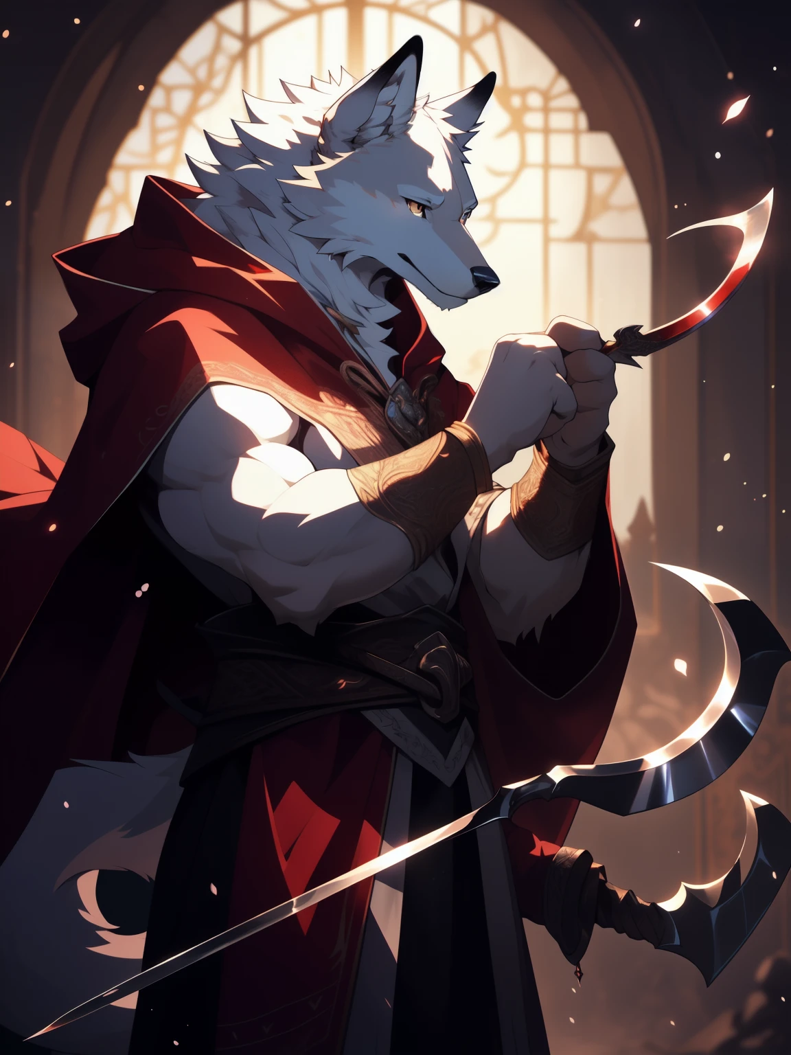 Masterpieces ,official art, furry, male, Anthropomorphic white wolf, Delicate face, Delicate eyes, Red cloak, Kerosene lamp,sickle:1.2, holding sickle, depth of field, perfect lighting, light particles,(best quality),(masterpiece),(ultra detailed),sharp focus, light particles, dynamic lighting, heavy shadows,