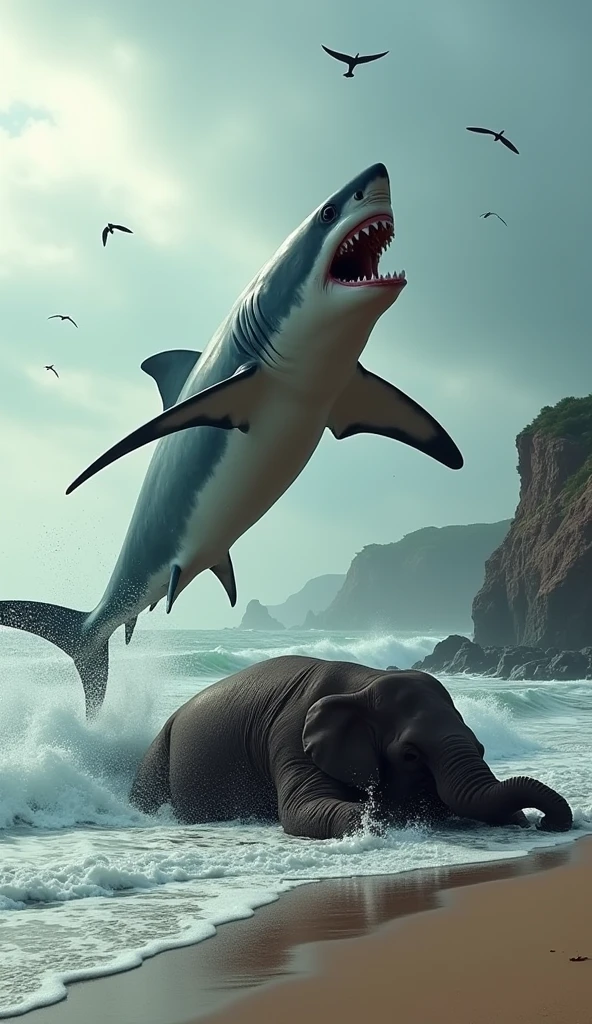 Shark jumping on a dead elephant that it fought by the sea shore