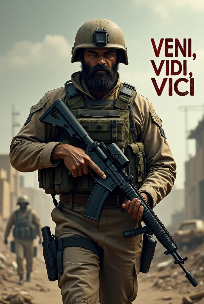 Realistic pic of a soldier carrying Gun and " veni vidi vici "written in the corner