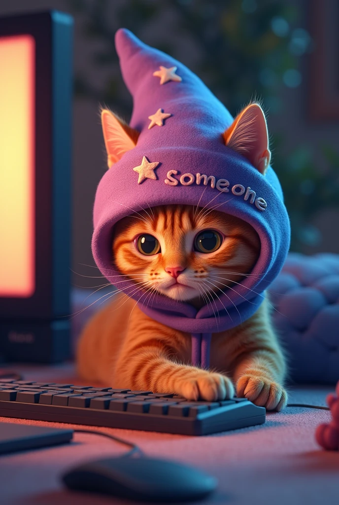 Ginger cat, with a purple-pink hat with a star with the inscription someone, playing computer