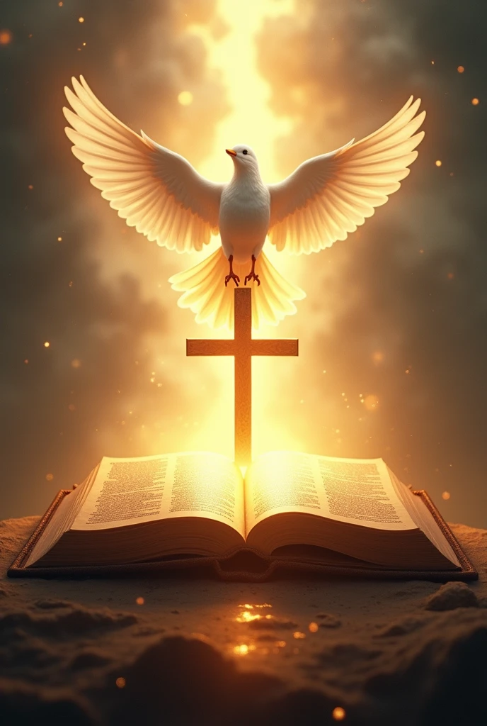 Bright Light shone from Bible with the cross in the middle and holy spirit on top of the cross like a dove, and write "Light Walker's church" at the bottom, heavenly background