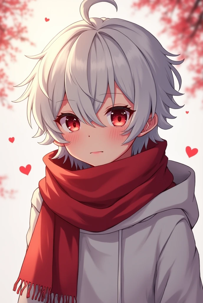 Draw a little anime boy with white hair, red eyes, and a red scarf and a white hoodie.