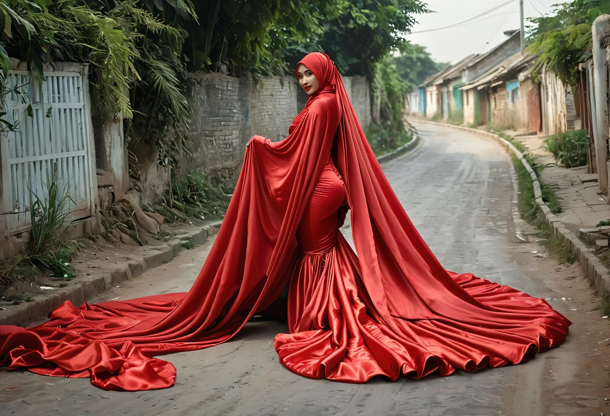 A woman shrouded in a 10-meter-long, plush red satin cloth, tightly bound and grandly draping along the form of her body, flowing off into a pooled floor-length train, styled in a mermaid-inspired outfit, her head modestly veiled in a satin hijab, tall woman, in village road, a full-body pose conveying a sense of mysterious elegance, captured in a 4k resolution, ultra-realistic