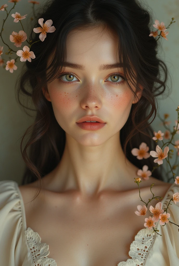  female, woman, collarbones, floral motif, freckles, beautiful, very feminine face, elegant features, long loose hair
