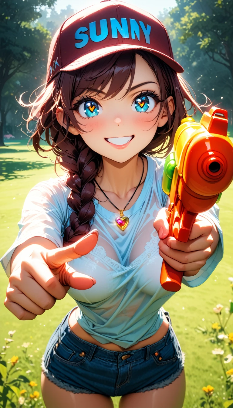 (masterpiece, very aesthetic:1.4), best quality, incredibly absurdres, Accurate, intricate, 8K, stunning, stylized, 
ultra-detailed, (incredibly detailed:1.2), fine texture, 
cinematic, recent, (vibrant:1.2), (clear pictures, clean lines, crisp edges), illustration, (soft lighting:1.2), 
cowboy shot, 
BREAK 
1 beautiful girl, 18yo, small face, beautiful detailed face, narrow waist, The beauty and danger of growing from a girl to an adult, A symbol of miraculous beauty, Graceful posture, sensual, bewitching woman, (medium breasts:0.8), 
(burgundy hair, a long single braid hair:1.4), asymmetrical bangs, smooth hair, 
BREAK 
(aqua blue eyes), black oblong pupils, (slant eyes, glass-like sparkling eyes are blurry and dreamy, beautiful detailed eyes, growing eyes, long delicate eyelashes, Meticulous Eyelash Details), 
BREAK 
(black lace bra:0.8), 
(see-through wet:0.3) white t-shirt, 
(denim shorts over black thong:1.2), 
baseball cap, 
(a tiny heart-shaped golden colored ring pendant:1.4), 
BREAK 
sunny afternoon, 
in a vast, lush green park, wide open lawns, 
a water gun shoots out water at the moment, 
(pointing the water gun at the viewer:1.4), 
BREAK 
gorgeous lips, natural pink lips, beautiful detailed lips, Glossy, 
(grin:1.2),  perfect eyes, 