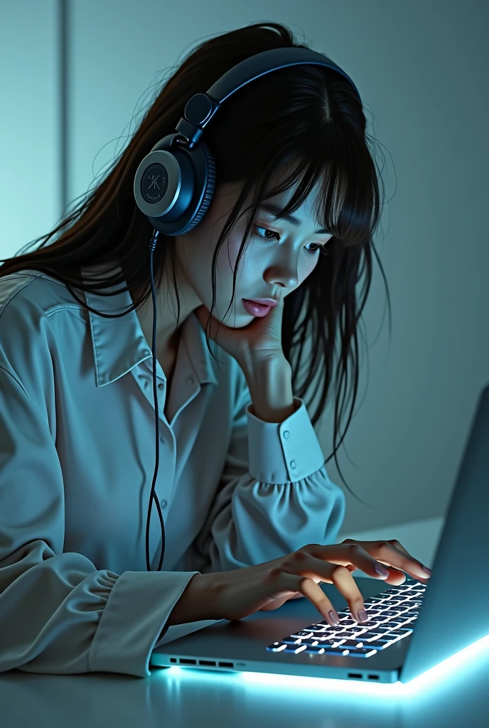 solo, 1girl, headphones, keyboard_(computer), sitting, long_sleeves, shirt