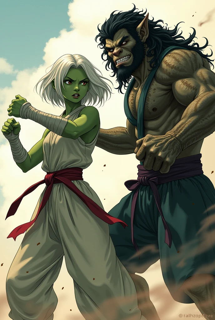 A young half-orc woman in a fighting stance, de pele verde, thin and short, medium white hair, with clothing similar to that of a martial artist, with some bandages on his hands, and beside him a young, half-orc man with a large, furry hand on his shoulder, with black curly hair with his eyes covered by his hair, that only leaves the mouth and teeth showing, with martial artist clothes and scars all over his body. Both done in anime style