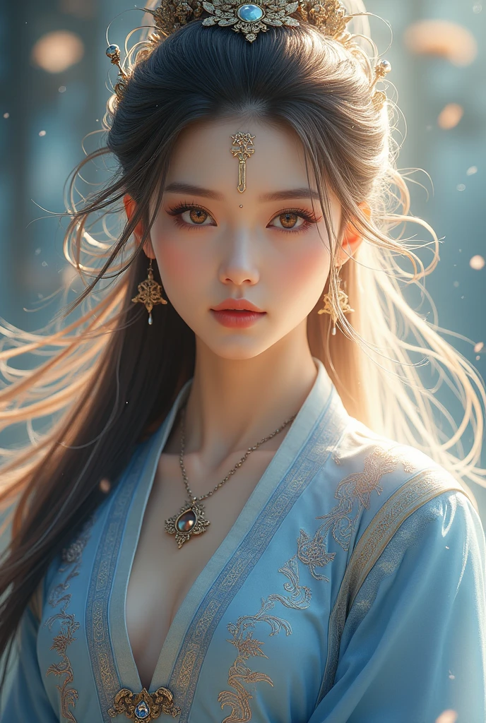 Most beautiful xianxia female protagonist,light brown dominant and silver strand long hair ,golden amber eyes,use majestic garmen with blue fillamen,silver pattern clothes,face detailed,lips detailed,thin red lips,golden rune scratch at fore head, and held 9 floor glasses pagoda ,forehead detailed,better quality, masterpiece,24K ultra hd,super beautiful detail,goddess featuring