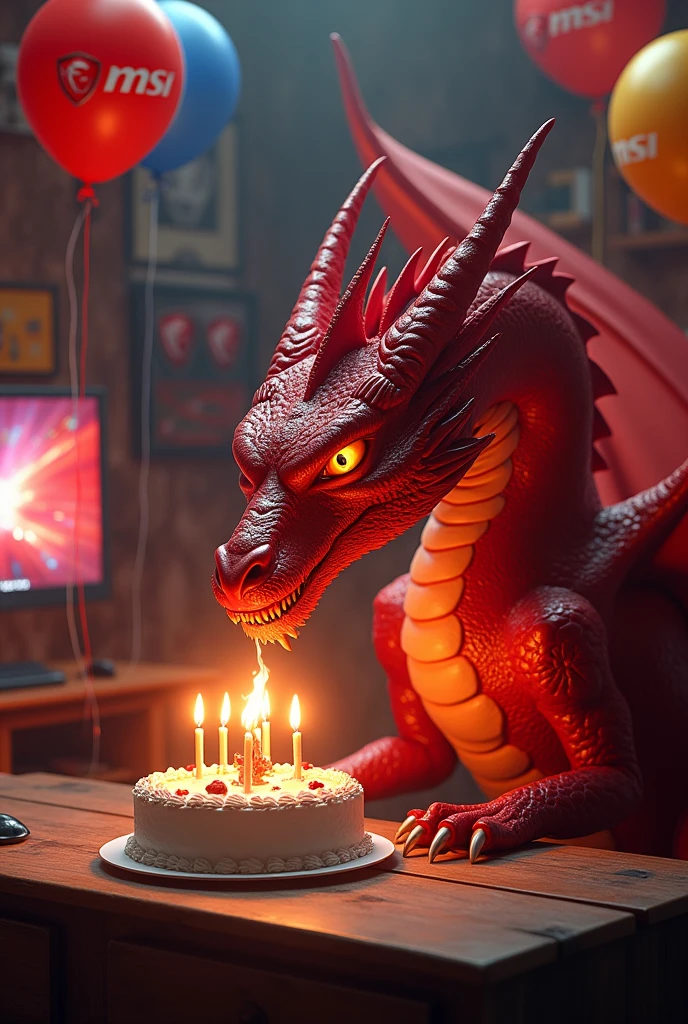 red dragon in the gamer room next to a cake that says happy MSI anniversary. The dragon must be trying to prepare the candles with the fire. There should also be balloons floating around the room with the msi brand printed on them.