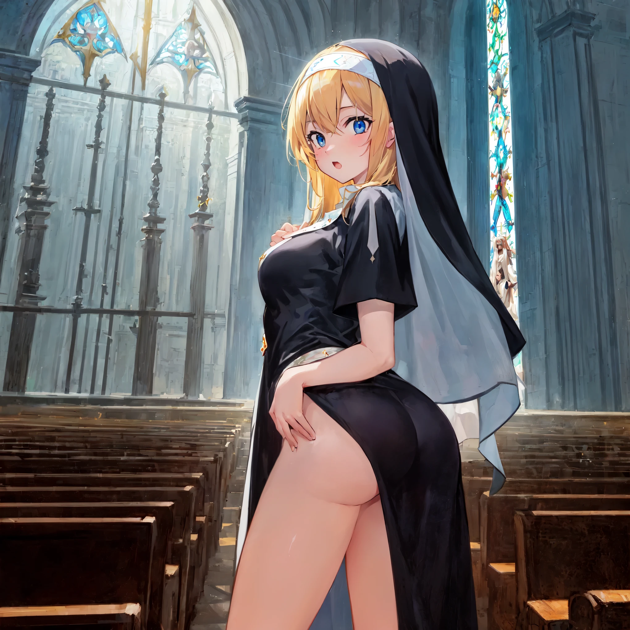 (Pencil Art:1.3),masterpiece, Highest quality,pastel colour,church,nun,front view,{{beautiful medium-sized breasts1:4}},master peace ,{{beautiful blue eye1:4}},,(((Sacred))),Photoreal 1;4,{{blond hair}}, top quality, {{beautiful butt}}, cute girl, high quality background, BREAK, BREAK, 5 fingers
