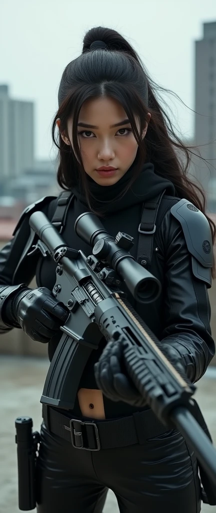 a female soldier with asian features, kevlar black armor, sniper rifle, on a rooftop, hip hop/rap style, vengeance, swagger, disrespect, best quality, 4k, 8k, highres, masterpiece, ultra-detailed, realistic, photorealistic, HDR, UHD, studio lighting, extreme detail description, professional, vivid colors, bokeh, cinematic lighting, dark atmosphere, dramatic pose