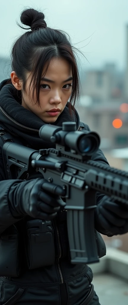 a female soldier with asian features, kevlar black armor, sniper rifle, on a rooftop, hip hop/rap style, vengeance, swagger, disrespect, best quality, 4k, 8k, highres, masterpiece, ultra-detailed, realistic, photorealistic, HDR, UHD, studio lighting, extreme detail description, professional, vivid colors, bokeh, cinematic lighting, dark atmosphere, dramatic pose