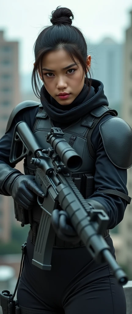 a female soldier with asian features, kevlar black armor, sniper rifle, on a rooftop, hip hop/rap style, vengeance, swagger, disrespect, best quality, 4k, 8k, highres, masterpiece, ultra-detailed, realistic, photorealistic, HDR, UHD, studio lighting, extreme detail description, professional, vivid colors, bokeh, cinematic lighting, dark atmosphere, dramatic pose