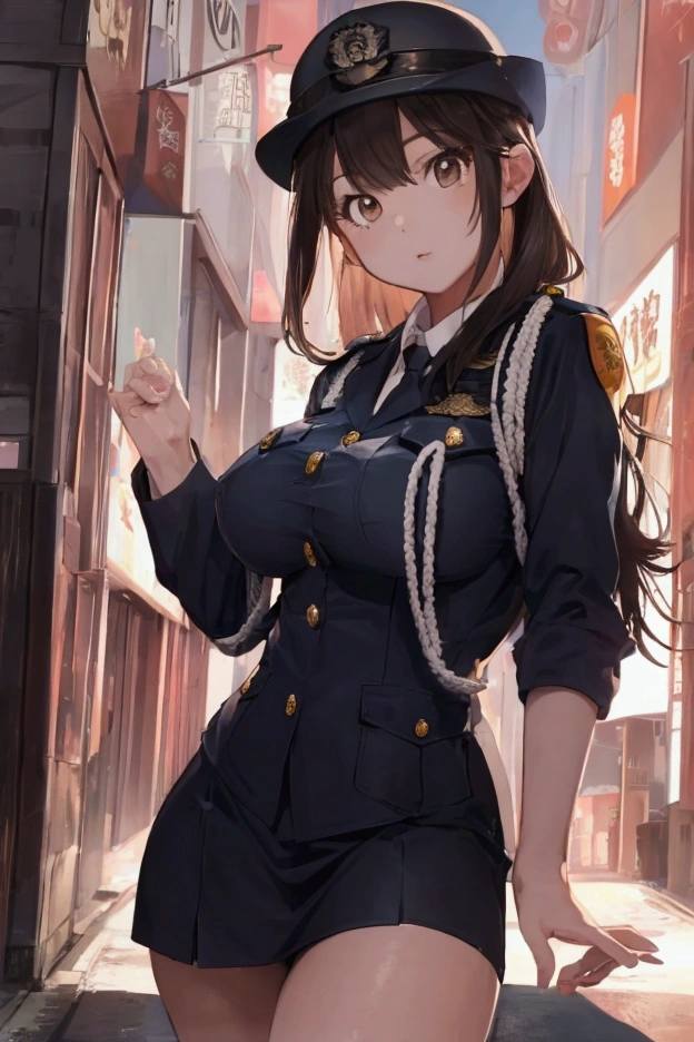 (ultra highres、ultra quality、Masterpiece、8k、),A girl with light hair drawn in high resolution policewoman.japannse police woman、Young and cute 、Asian woman,s hot, Japanese Model, Cute Core, , Chubby 、(big breast)、Town、Fluffy white blouse