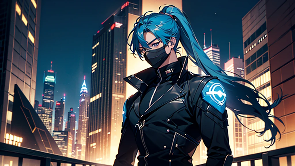 A man with blue hair in a ponytail, his face concealed by a falcon concept mask, full_mask, Tall Hall々Standing, Futuristic sci-fi style short jacket, Dark color bodysuit, Matching trousers, Belt to fasten around the waist, Colorful gloves, He is standing at the top of a futuristic skyscraper, He looks at the night view of the city, this character embodies a finely crafted futuristic sci-fi style masked hero in anime style, Exquisite and mature cartoon art style, High resolution, Highest quality, High resolution, Very detailed, Ultra-fine painting, Very delicate, Professional, 完璧なボディProfessionalポーション, Golden Ratio, Anatomically correct, Symmetrical face, Very detailed目と顔, High quality eyes, creativity, RAW Photos, 超High resolution, 32K, Natural light, Cinema Lighting, masterpiece-anatomy-perfect, masterpiece:1.5