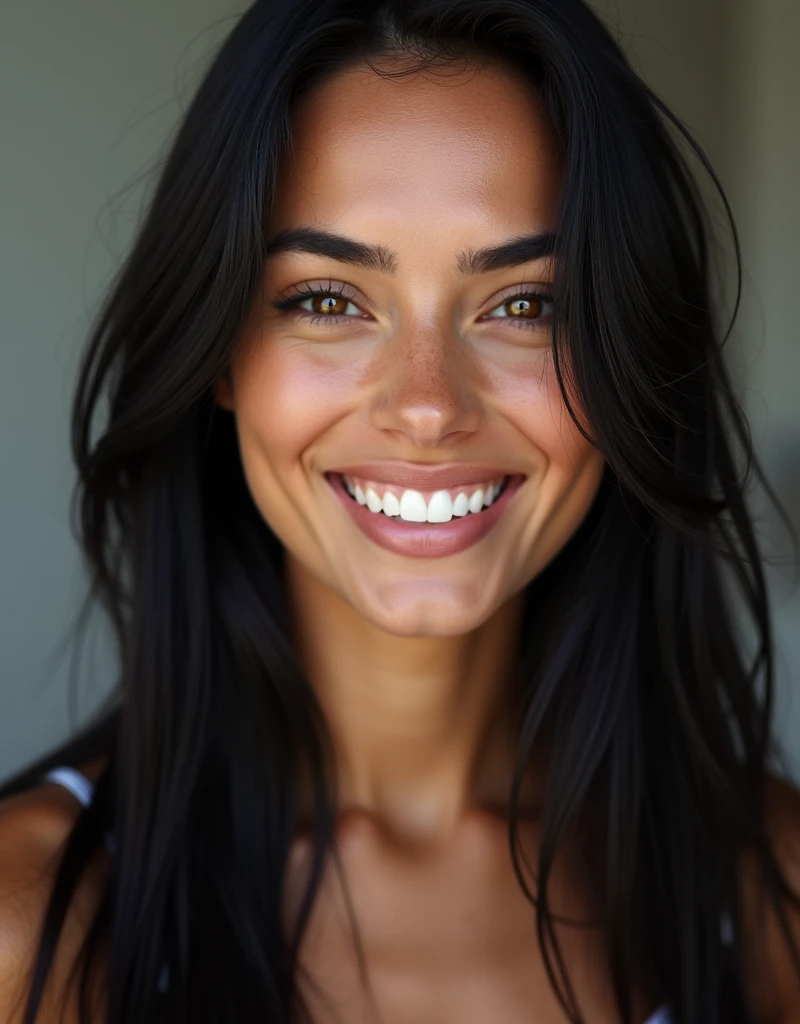 a smiling (White teeth:1.3) very beautiful lady with honey-colored eyes, with long straight black hair, photography, portrait, realistic, looking into the câmera