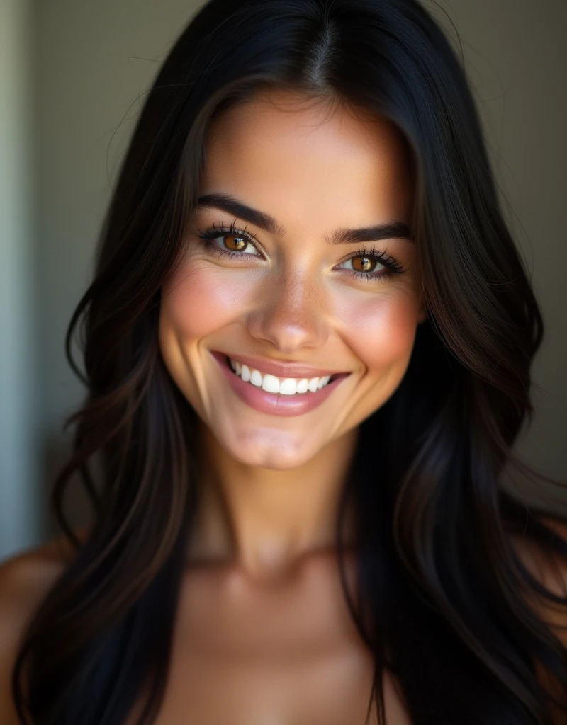 a smiling (White teeth:1.3) very beautiful lady with honey-colored eyes, with long straight black hair, photography, portrait, realistic, looking into the câmera
