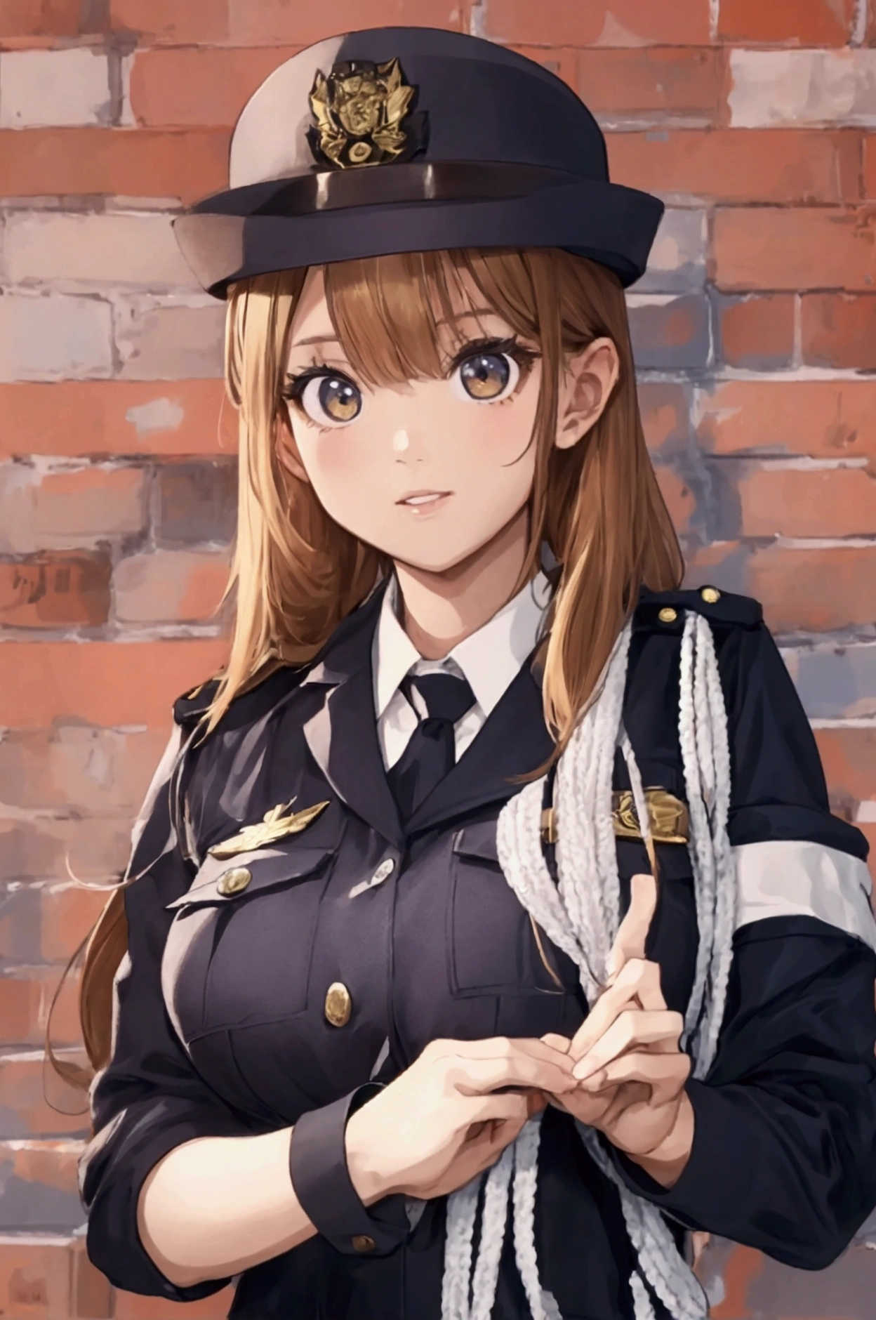 (ultra highres、ultra quality、Masterpiece、8k),A girl with light hair drawn in high resolution policewoman.japannse police woman、Young and cute 、Asian woman,s hot, Japanese Model, Cute Core, Chubby、wear a hat 、big breast、Town、White blouse