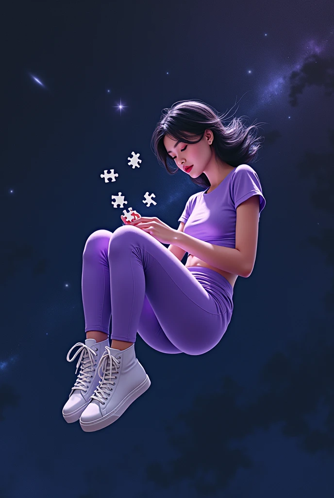 Teen Girl in a purple crop top Shirt and purple leggings and white high cut shoes Floating in space playing Puzzle